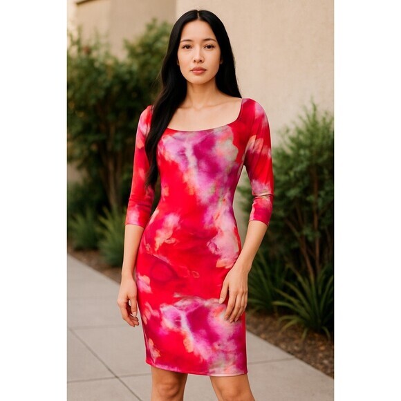 $345 Black‎ Halo Livley Watercolor 3/4 Sleeve Sheath Bodycon Dress Size XL - Picture 1 of 10